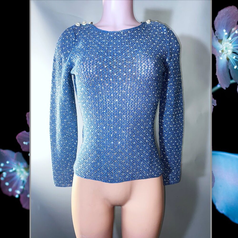 Vintage 1980s Woman’s Blue Sequin Knit Pullover Sweater Size Small